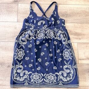 Women's Blue Bandana Paisley Boho Dress Elastic Smock Back Size XL Side Pockets‎